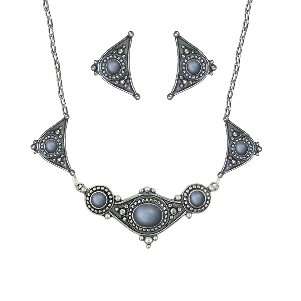 Sterling Silver Designer Necklace Earrings Grey Moonstone